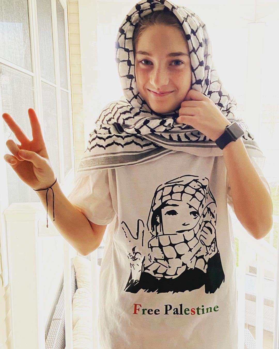 Palestinian Scarf Wrapped Around Head on Lady